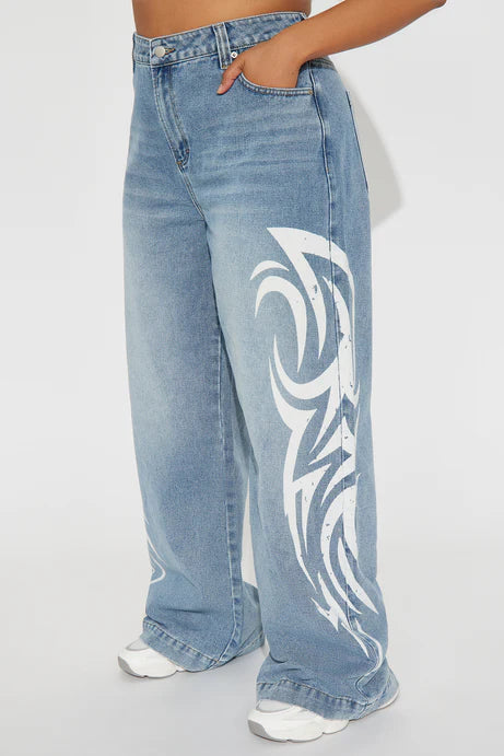 بنطرون نسائي ازرق باكي منقوش من الجانب , قالب طبيعي