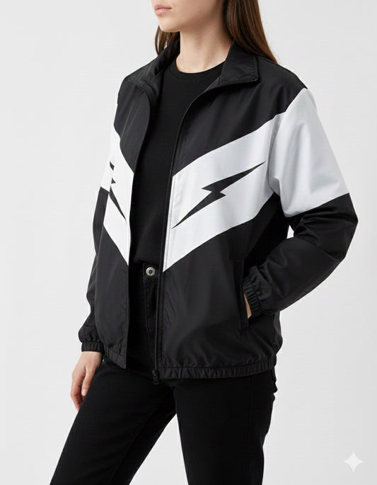 جاكيت الصاعقة لون اسود وابيض قماش مطري خفيف ✅