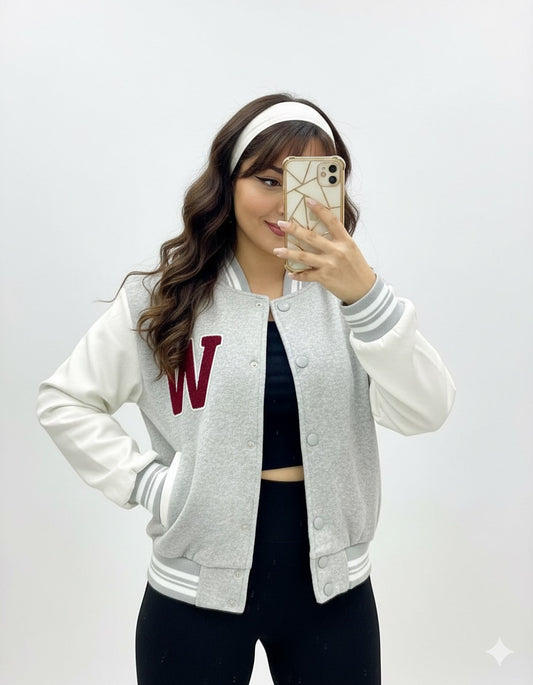 ✅W جاكيت نسائي بيسبول ابيض ورصاصي حرف