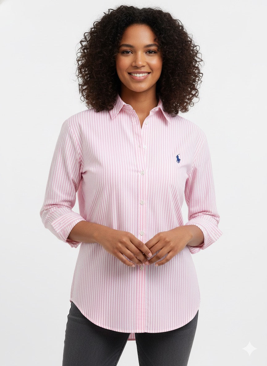 قميص نسائي بولو مخطط وردي وابيض ✅