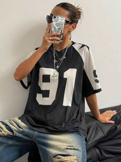 تيشيرت 91 نجوم ابيض واسود،قالب صغير