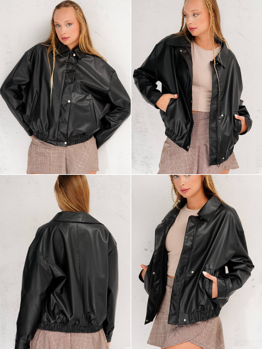 جاكيت نسائي جلد بومبر اسود الملكي فضفاض