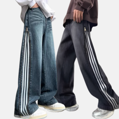 بنطرون جينز سحاب مخطط اسود وازرق *