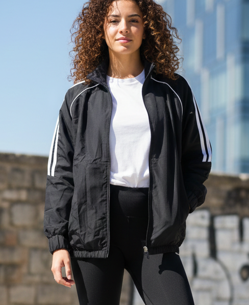 جاكيت اسود مخطط ابيض , مطري خفيف