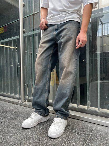 بنطرون جينز رجالي رمادي وبيج , قالب كبير