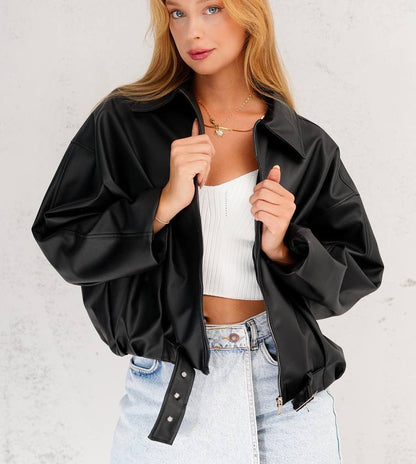 جاكيت نسائي جلد اسود حزام من الخصر