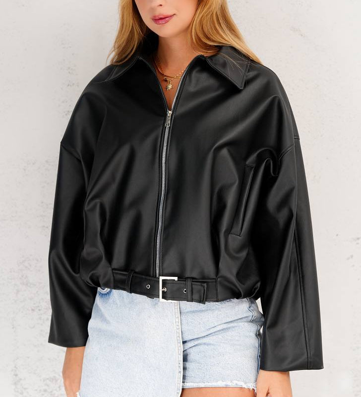 جاكيت نسائي جلد اسود حزام من الخصر