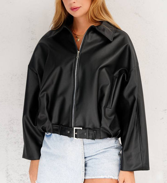 جاكيت نسائي جلد اسود حزام من الخصر