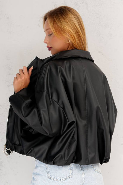 جاكيت نسائي جلد اسود حزام من الخصر