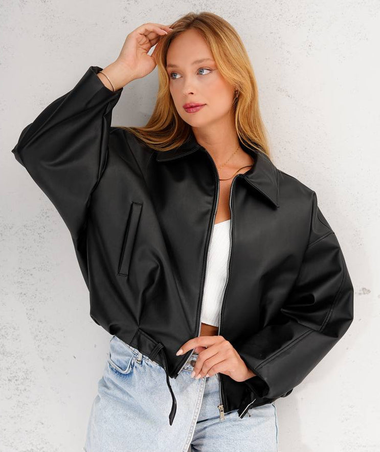 جاكيت نسائي جلد اسود حزام من الخصر