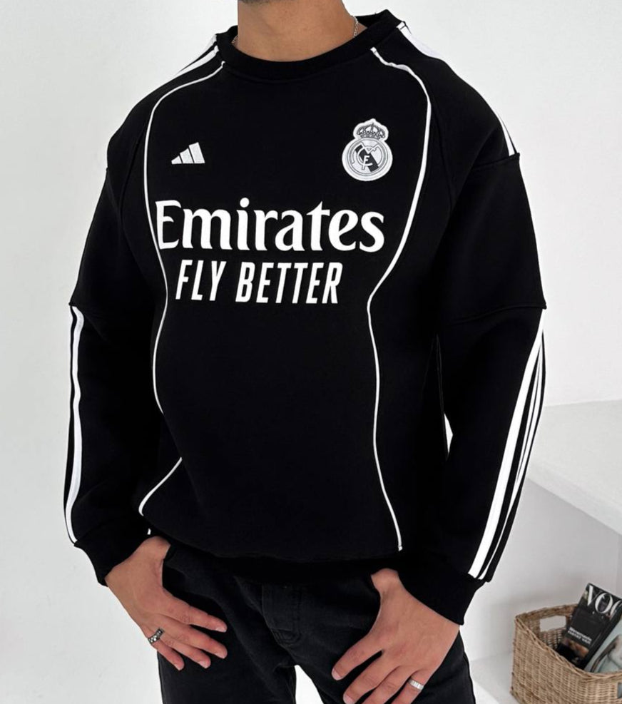 سويتر ريال مدريد اديداس اسود خطوط بيضاء , قالب كبير