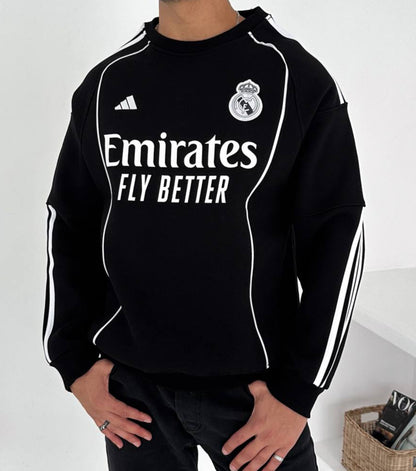 سويتر ريال مدريد اديداس اسود خطوط بيضاء , قالب كبير