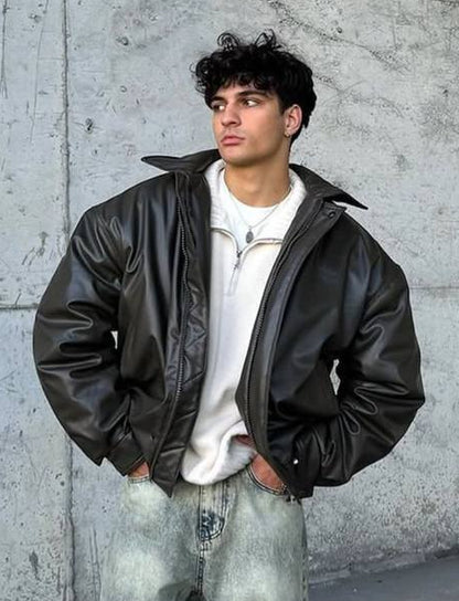 جاكيت بومبر جلد اسود , مبطن ثخين جودة عالية