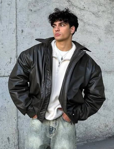 جاكيت بومبر جلد اسود , مبطن ثخين جودة عالية