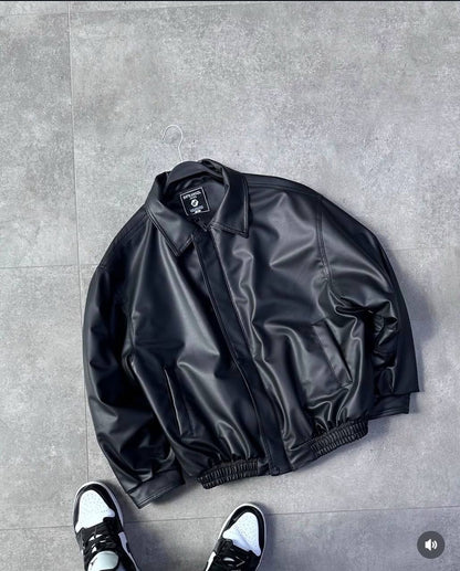 جاكيت بومبر جلد اسود , مبطن ثخين جودة عالية