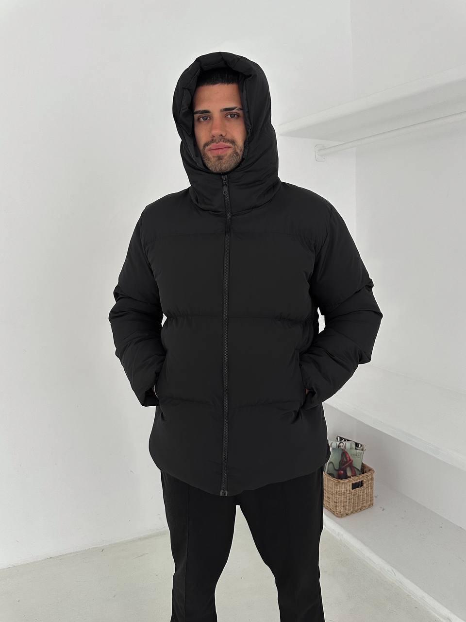 جاكيت نفخ طويل لون اسود , مطري , قالب كبير