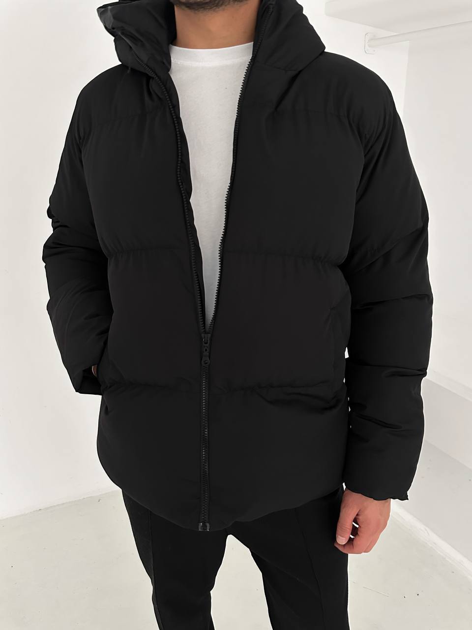 جاكيت نفخ طويل لون اسود , مطري , قالب كبير