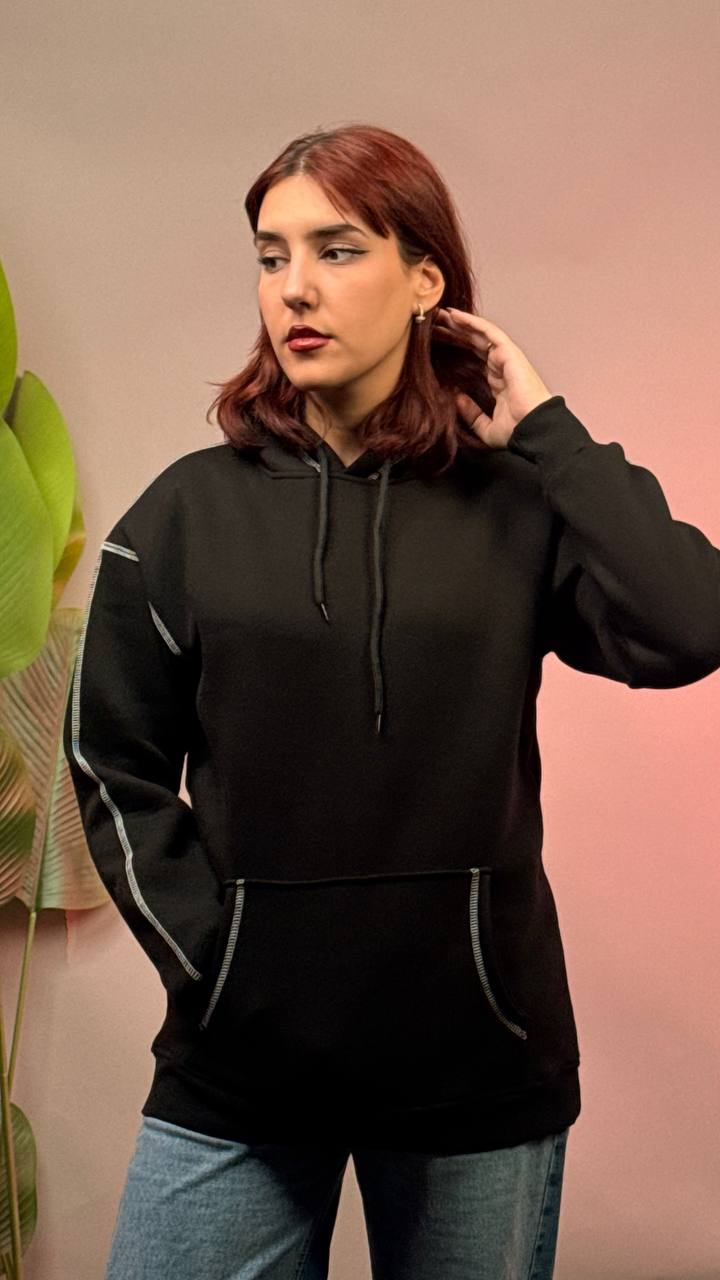 هودي اسود خط ابيض سادة , قالب طبيعي