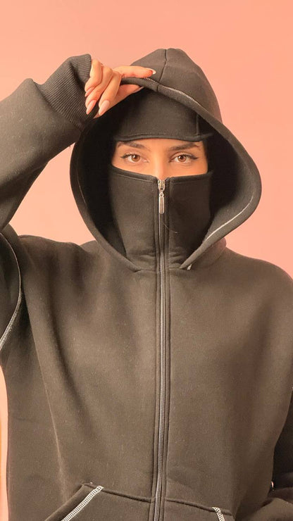 جاكيت قناع اسود خط ابيض سادة , قالب طبيعي