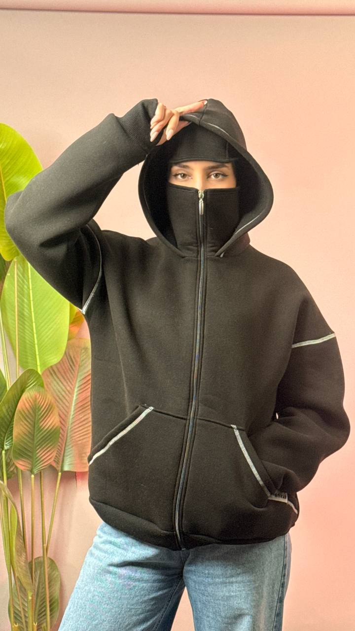 جاكيت قناع اسود خط ابيض سادة , قالب طبيعي