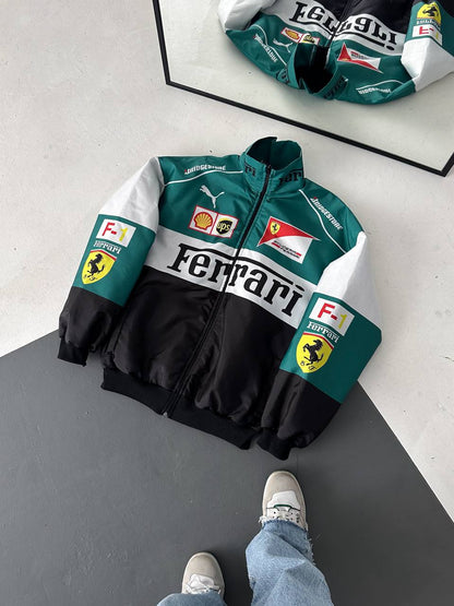 جاكيت فيراري زيتوني وابيض مطري مبطن , قالب كبير