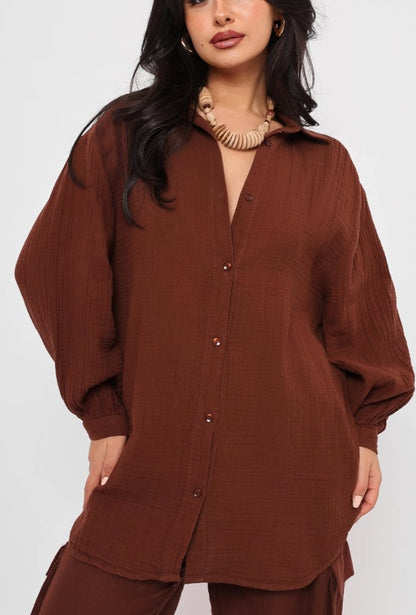 قميص نسائي طويل قهوائي ,قالب كبير