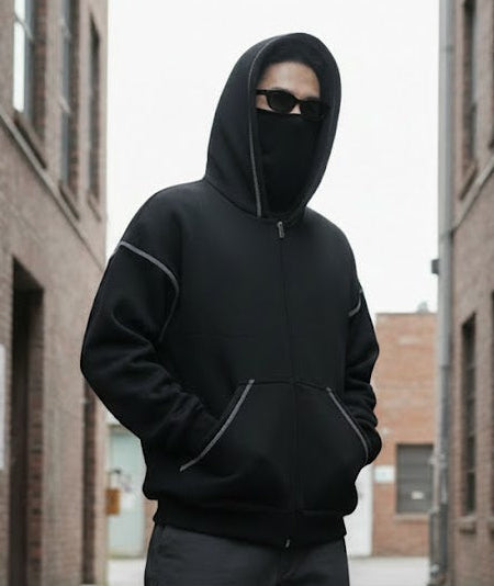 جاكيت قناع اسود خط ابيض سادة , قالب طبيعي