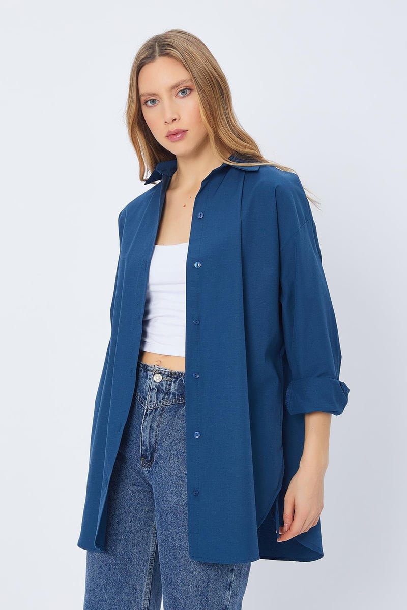 قميص نسائي مخروط الخصر ازرق ,قالب كبير