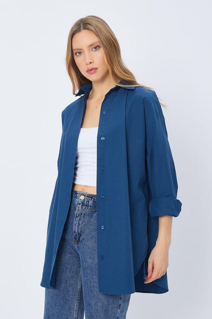 قميص نسائي مخروط الخصر ازرق ,قالب كبير