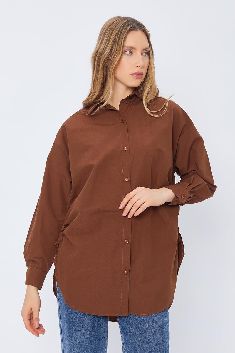 قميص نسائي مخروط الخصر قهوائي ,قالب كبير